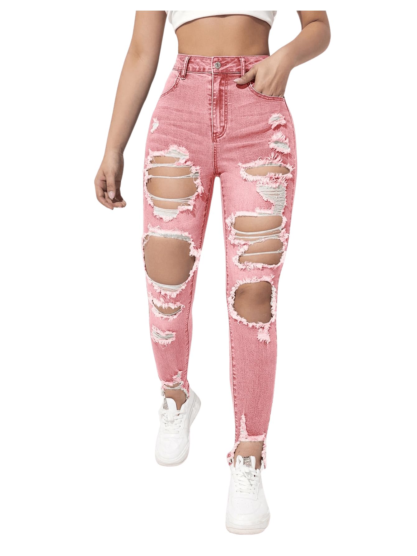 WDIRARA Womens High Waisted Ripped Raw Hem Skinny Jeans Distressed Cut Out Pants Pink Small
