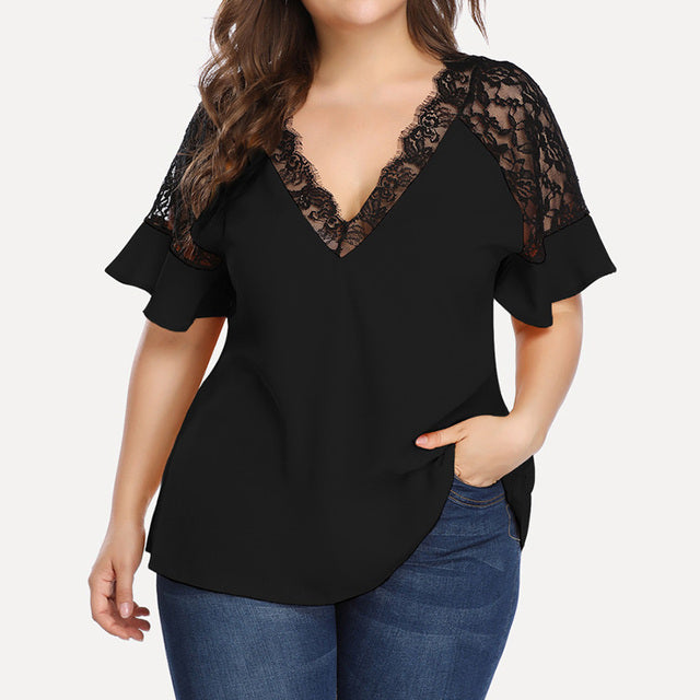 V-neck Short-sleeved Women's Lace Top for Spring/Summer