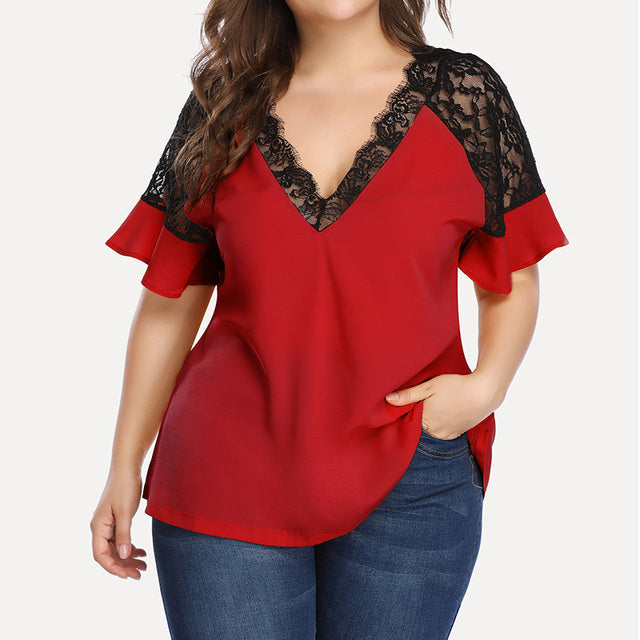 V-neck Short-sleeved Women's Lace Top for Spring/Summer
