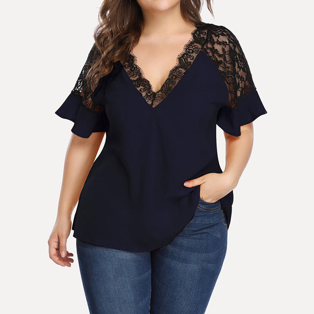 V-neck Short-sleeved Women's Lace Top for Spring/Summer