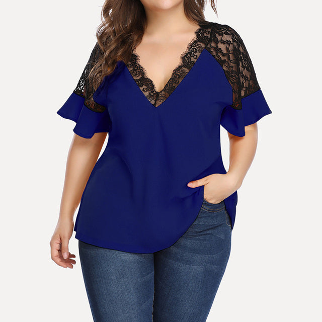 V-neck Short-sleeved Women's Lace Top for Spring/Summer