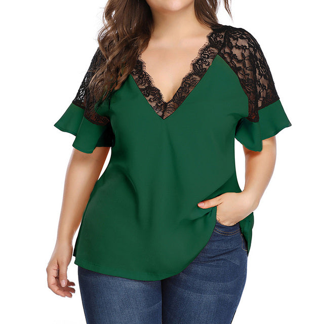 V-neck Short-sleeved Women's Lace Top for Spring/Summer