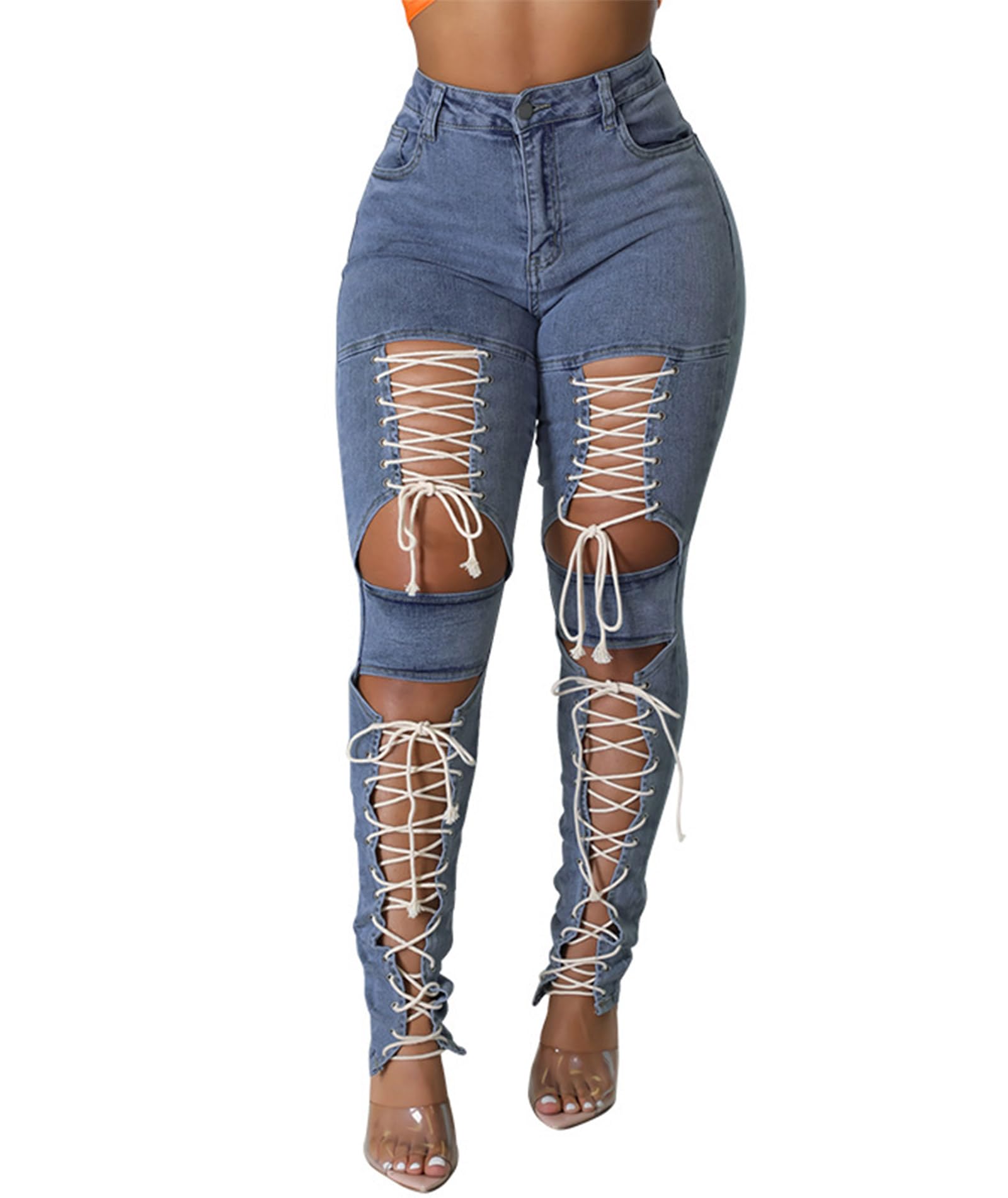 xxxiticat Womens Lace Up Denim Pants High Waist Cutout Bandage Criss Cross Bow Tie Destroyed Hollow Out Jean Trousers(LB2XL) Light Blue