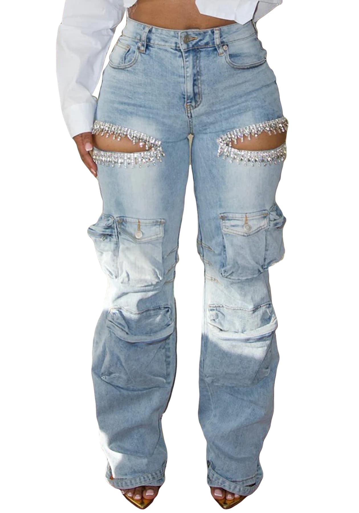 Vakkest Womens Rhinestone Cargo Jeans High Waisted Ripped Distressed Wide Leg Stretchy Denim Pants with Flap Pockets Blue