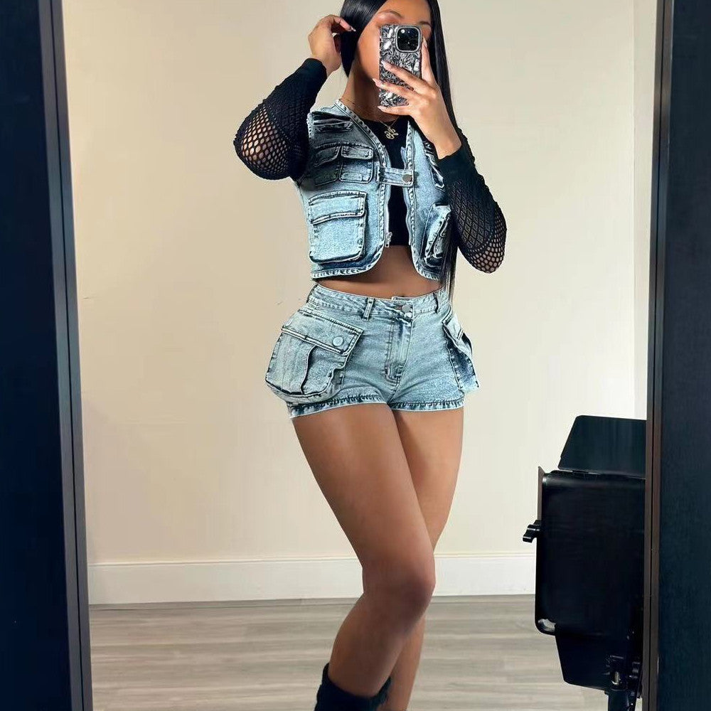 Women's Multi-bag Vest Casual Denim Suit