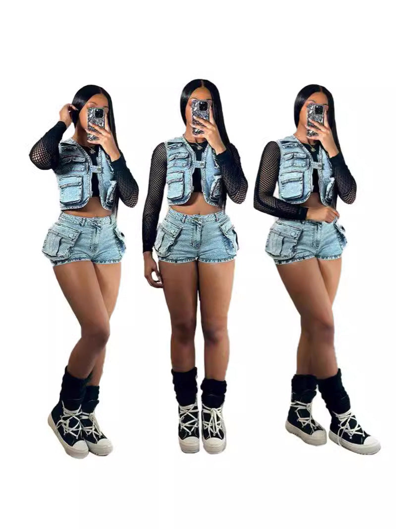 Women's Multi-bag Vest Casual Denim Suit