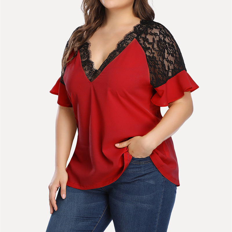 V-neck Short-sleeved Women's Lace Top for Spring/Summer