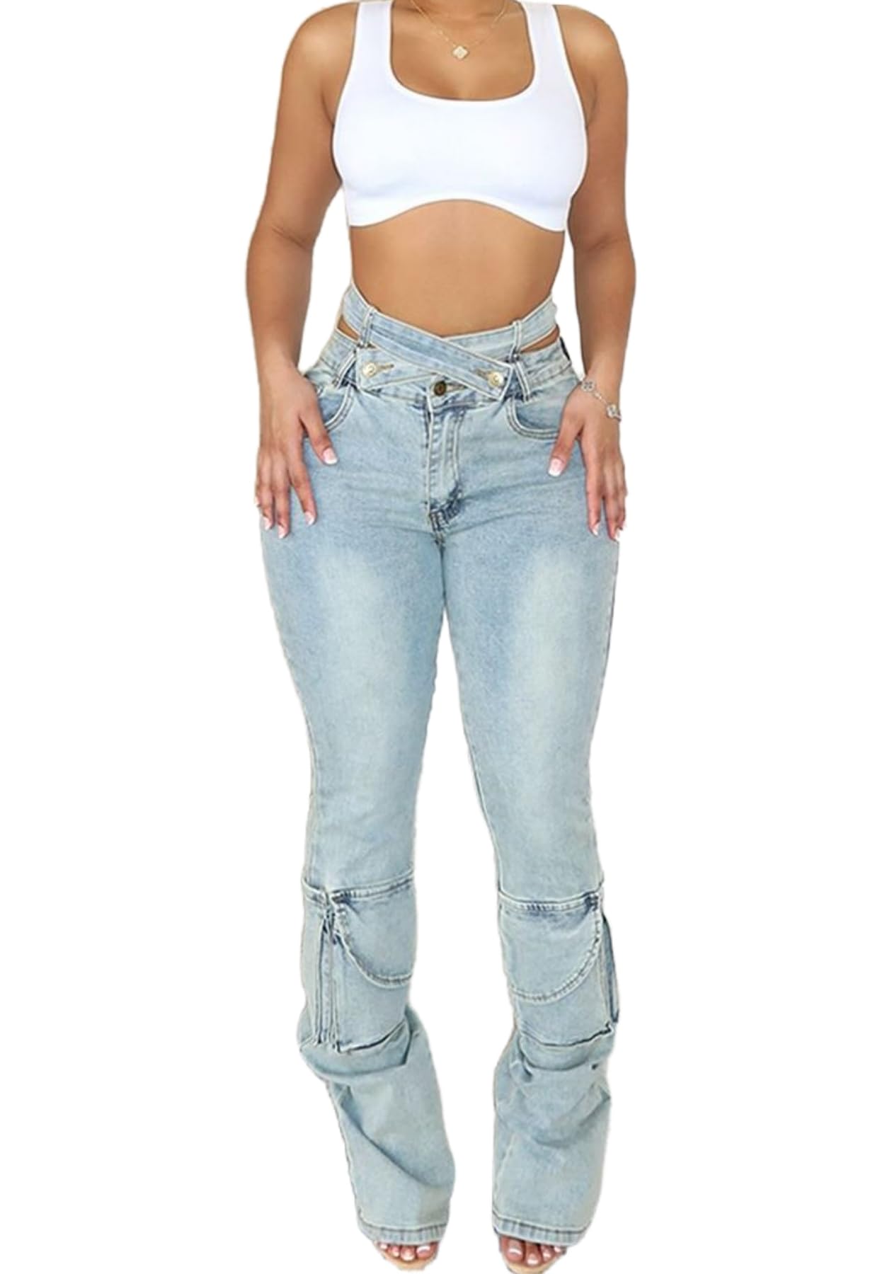 Vaceky High Waisted Cargo Jeans Women Cutout Criss Cross Waist Stretchy Denim Pants Blue