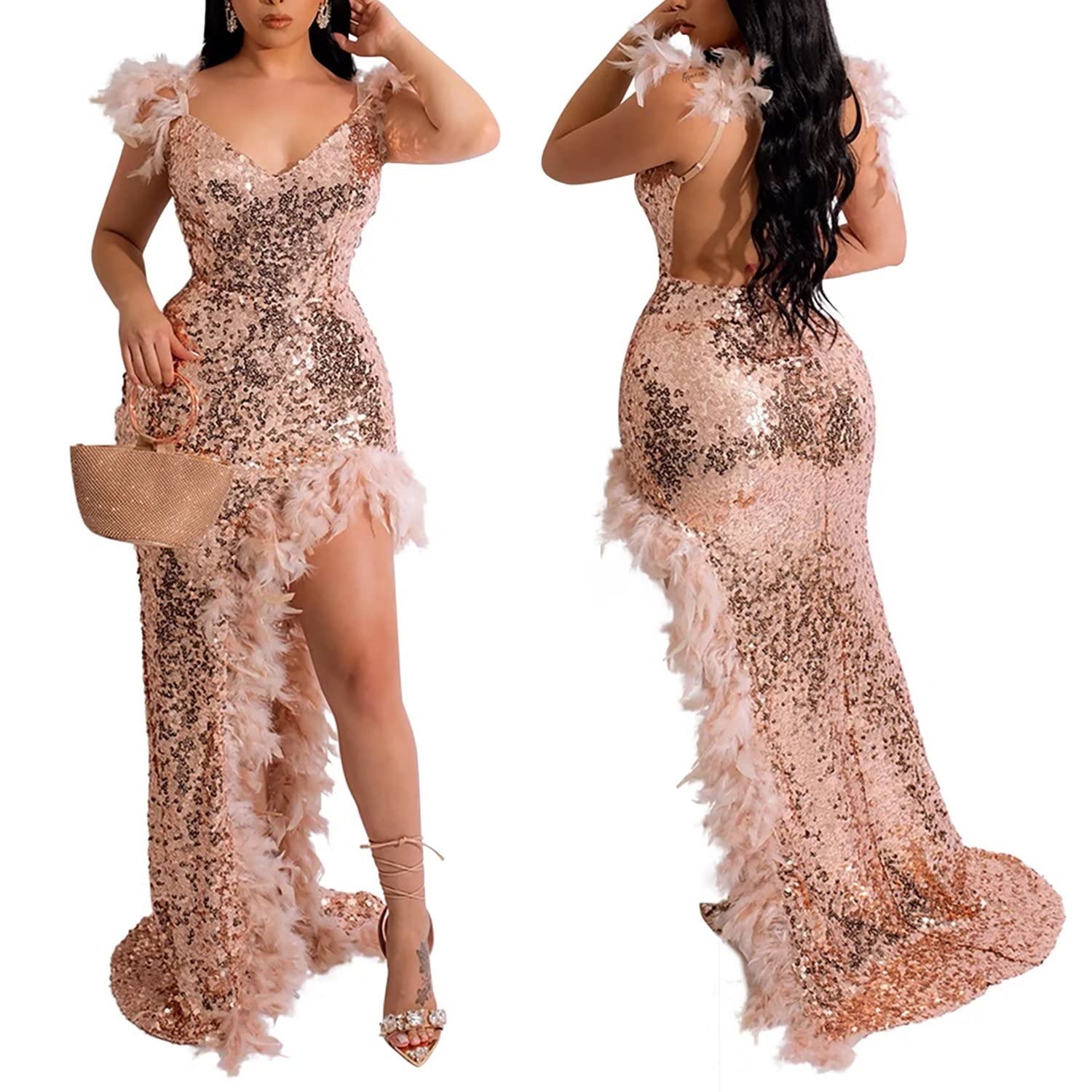 Womens Feather Spaghetti Strap Prom Dresses Sequin Mermaid V Neck Long Slit Sparkly Party Dress XL Beige