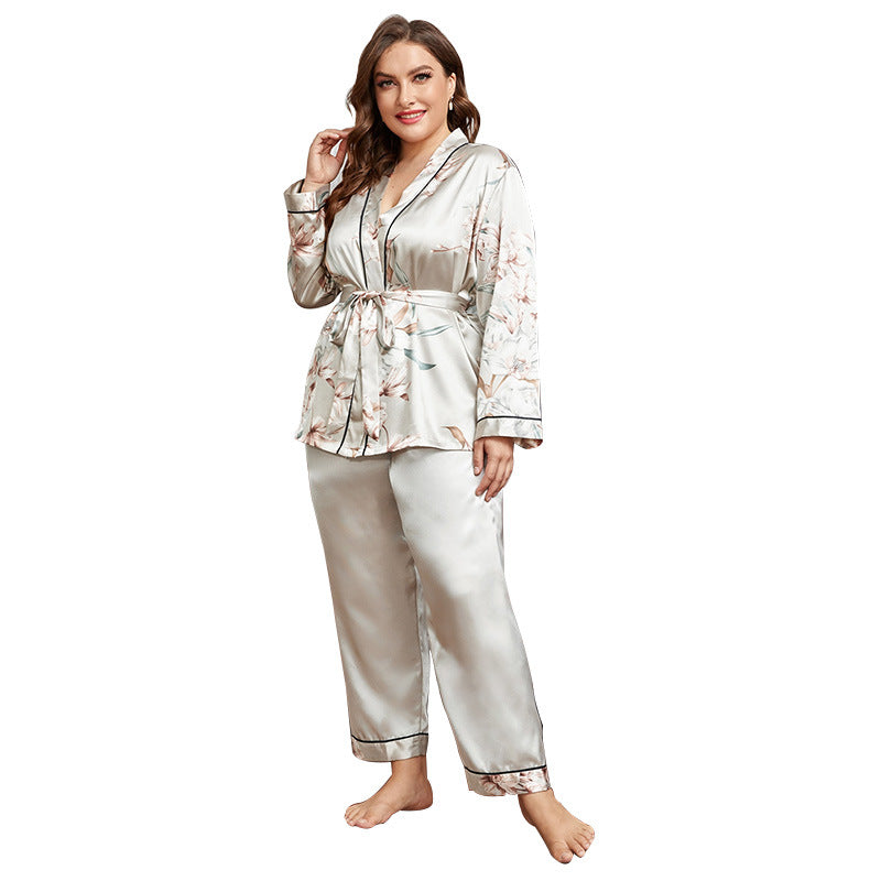 5XL Large Satin Women's Pajamas Set with Robe & Trousers