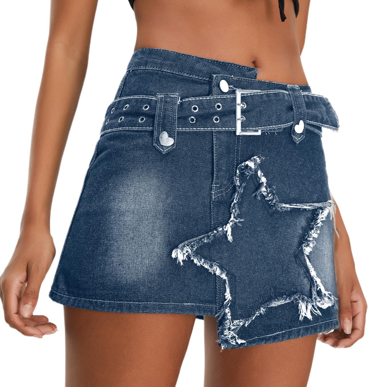 Kisidoo Womens Denim Skirt Vintage Star Patchwork Party Club Jean Skirt Casual Y2k Mini Skirt Skorts Skirts for Women Dark Blue