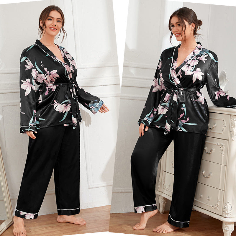 5XL Large Satin Women's Pajamas Set with Robe & Trousers